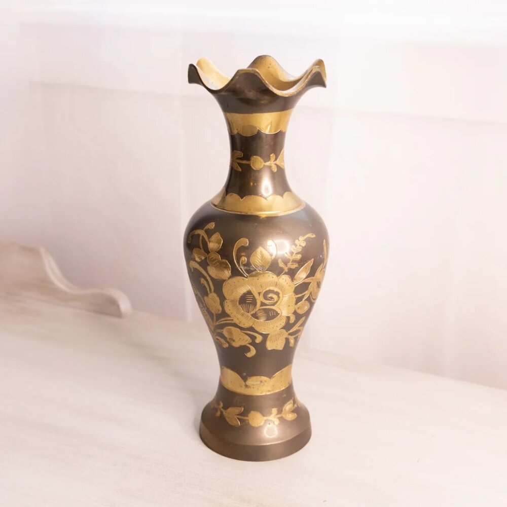 Tall Silver and Gold Tone Brass Vase with Floral Designs & Ruffle Edge